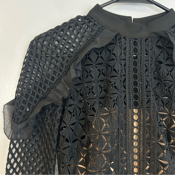Self-Portrait Black Mesh/Tonal Lace Ruffle Long Sleeve Sheath Mini Dress Size 4 - Picture 5 of 16